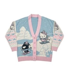 Hello Kitty Ski Fair Isle Knit Cardigan Sweater Blue Pink Women XXL New